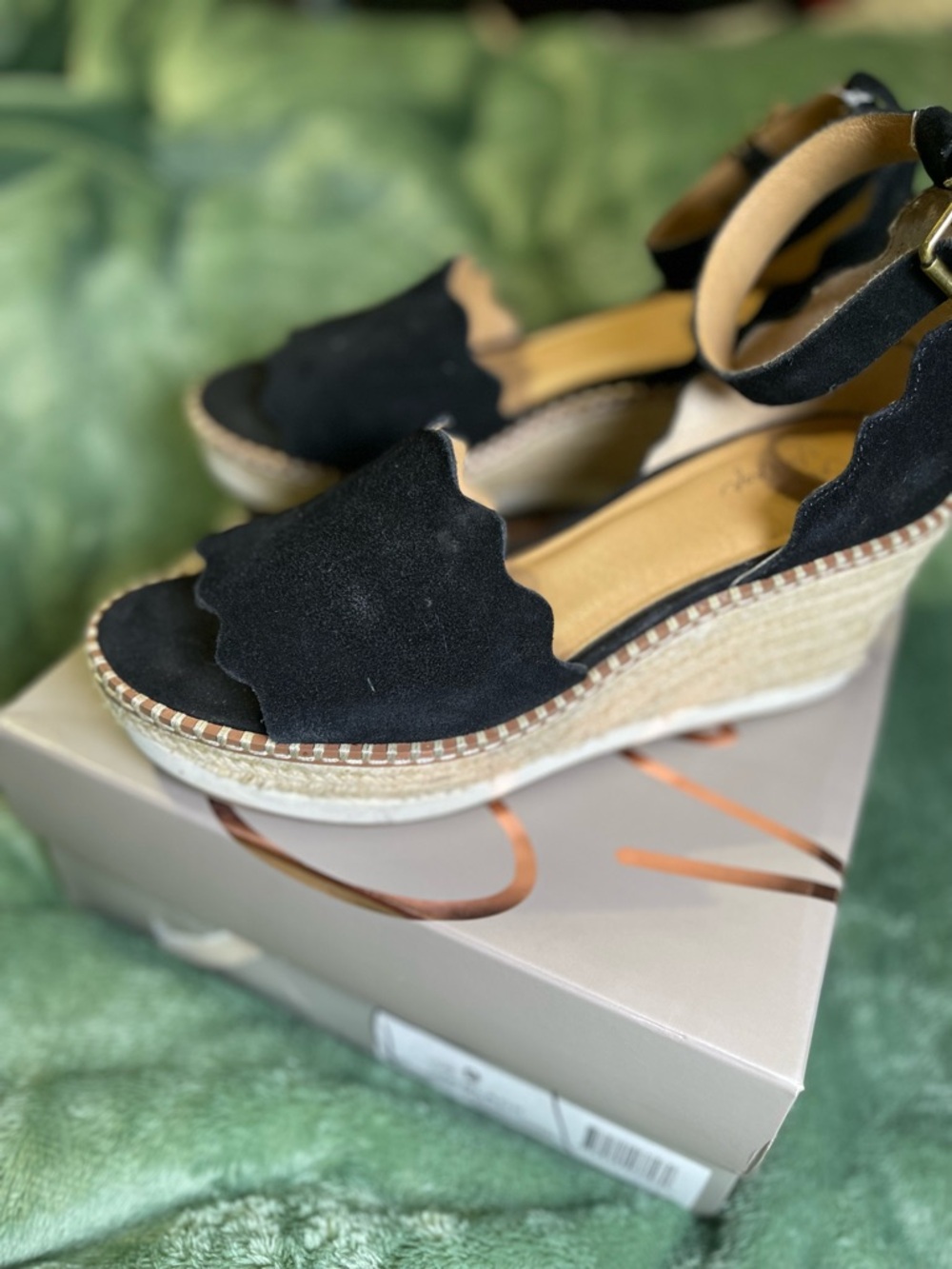 Crown Vintage Black Scalloped Suede Espadrille Wedges